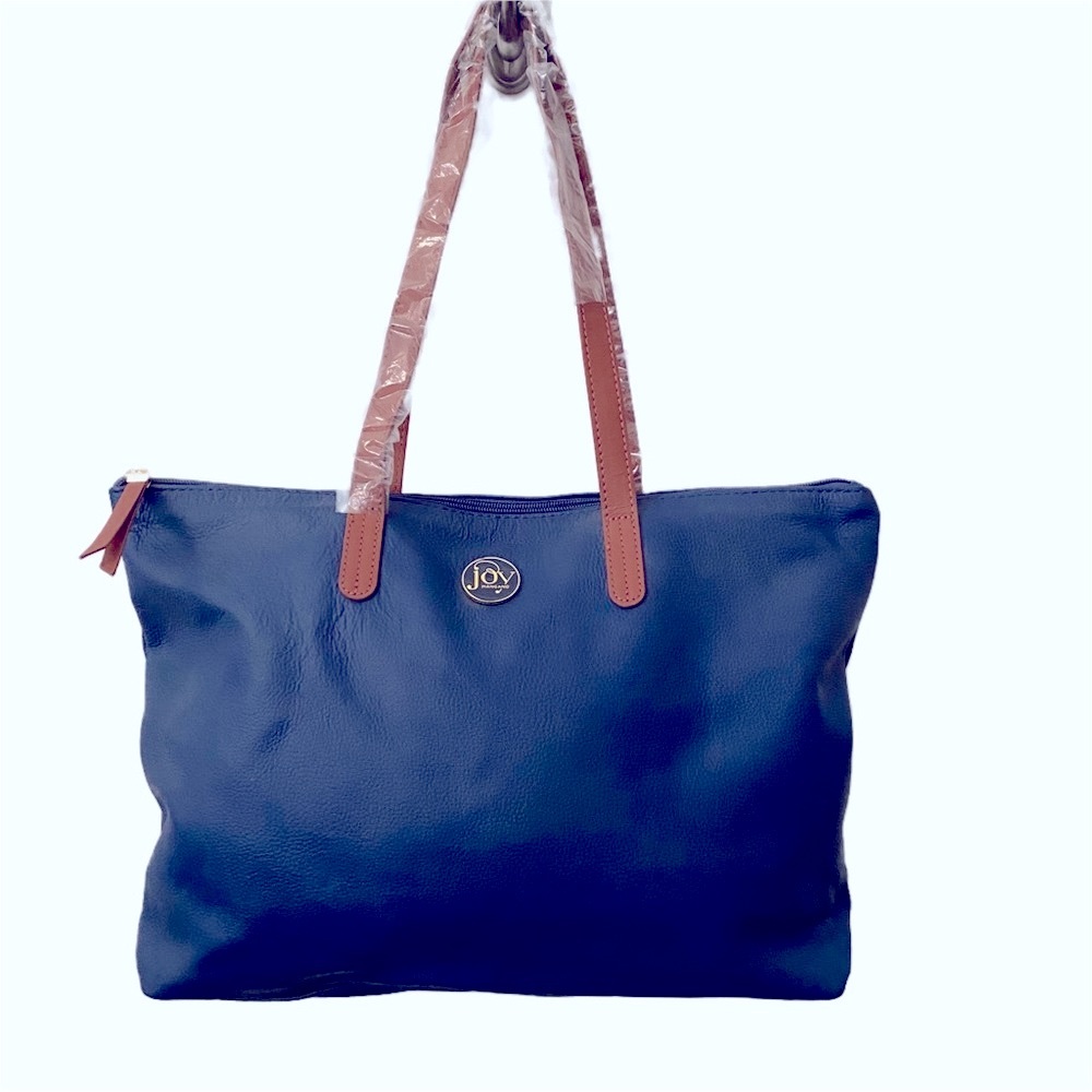 Joy Mangano Deep Blue Tote with Tan Straps